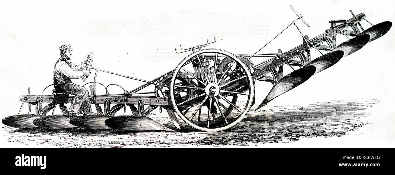 Illustration depicting the steam ploughing engine by John Fowler (1826-1864) an English agricultural engineer. Dated 19th Century Stock Photo