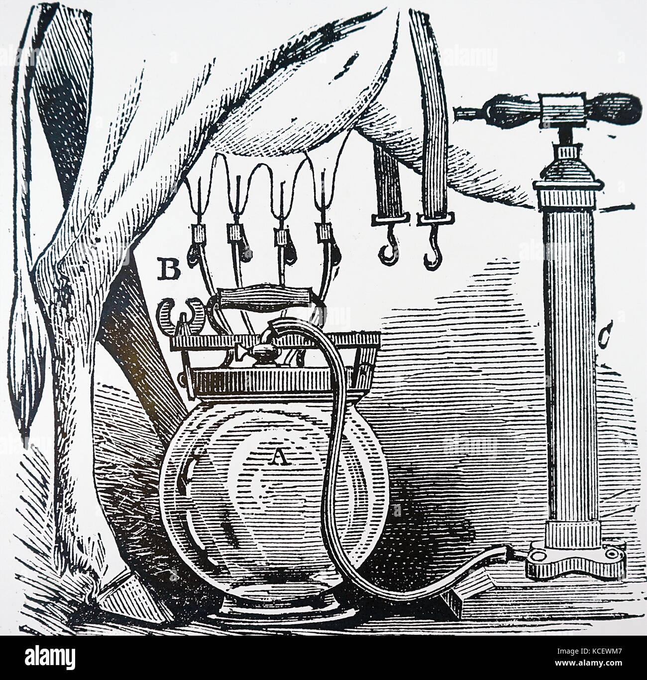 Engraving depicting a milking machine invented by Edward M. Knolling of