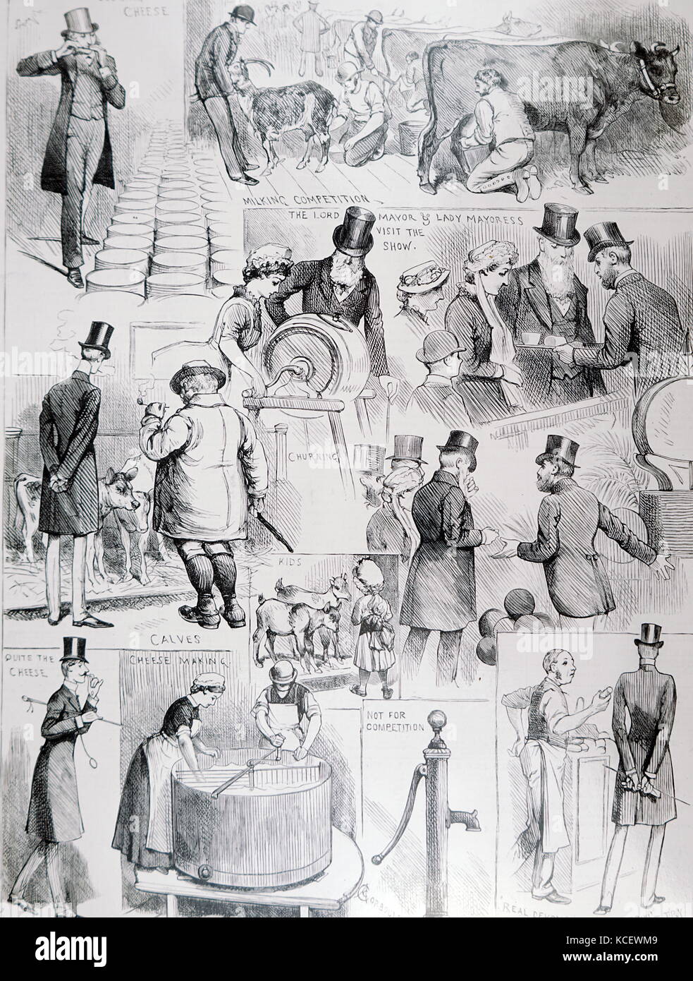 Illustration depicting scenes from the dairy show at the Agricultural Hall in Islington, held by the British Dairy Farmer's Association. Dated 19th Century Stock Photo