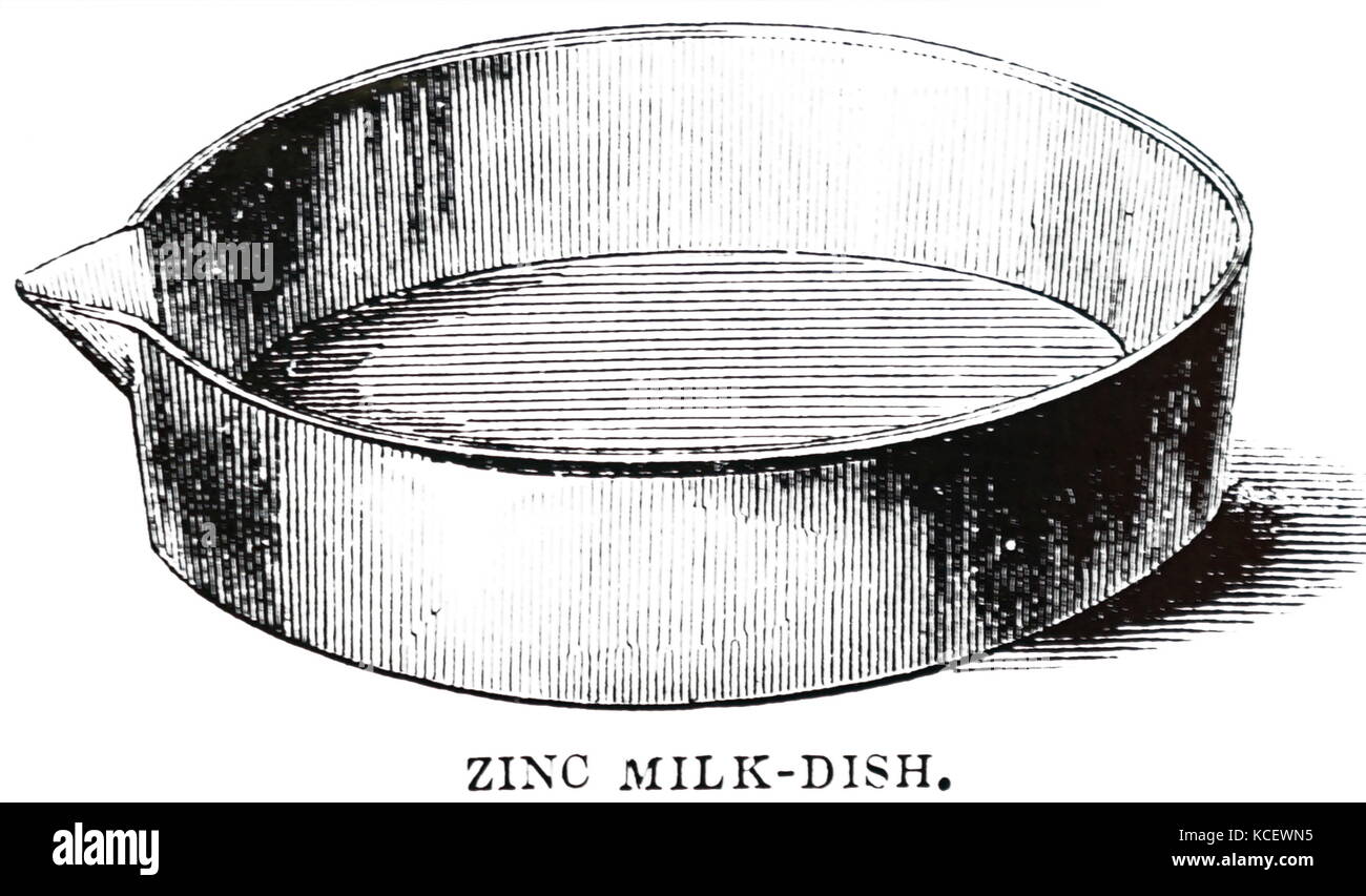 Engraving depicting a zinc milk dish in which the cream was allowed to rise. Dated 19th Century