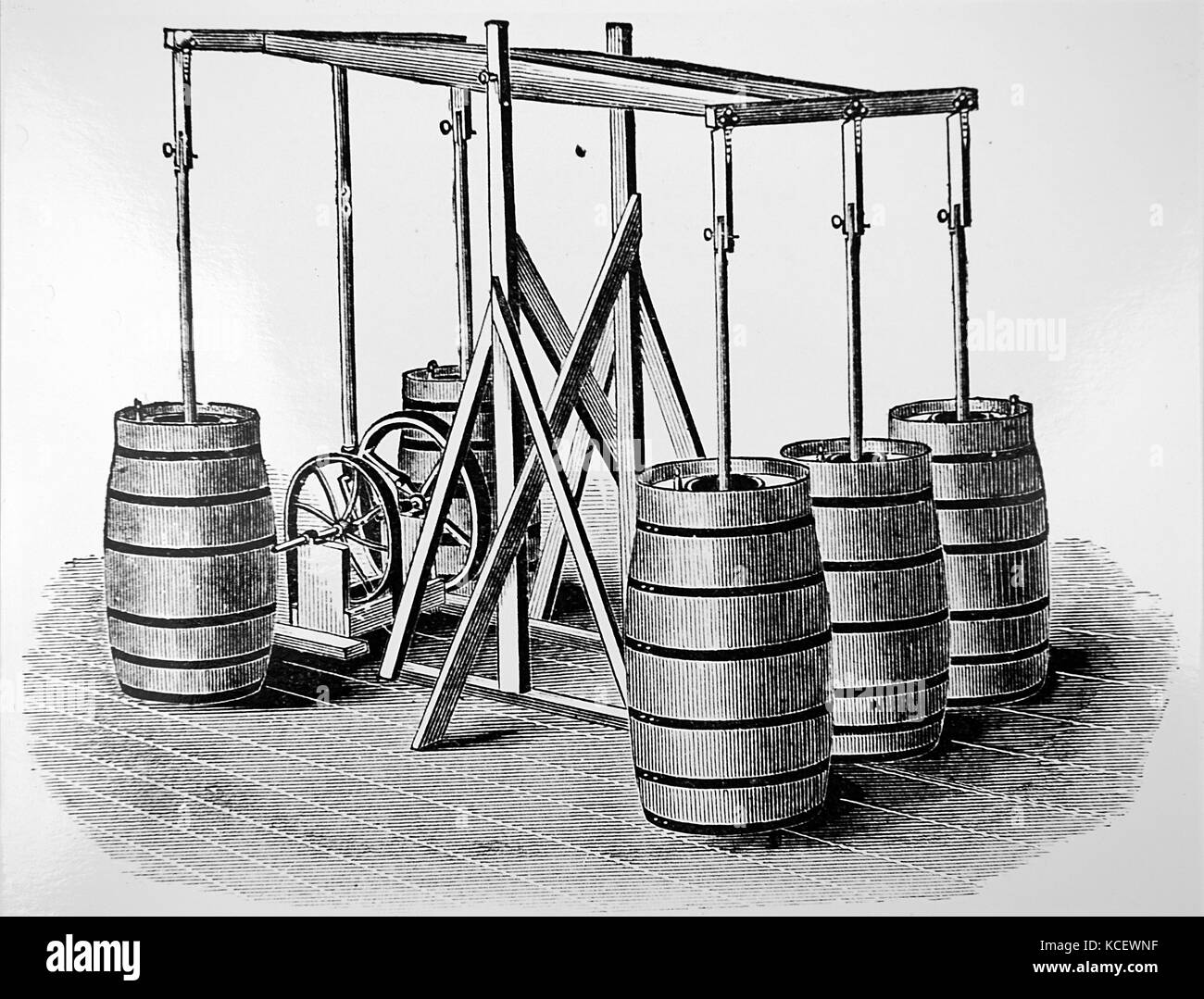 Engraving depicting a battery of churns with vertical dashers as used in Jones, Gaulkner & Co.'s butter factory. Dated 19th Century Stock Photo