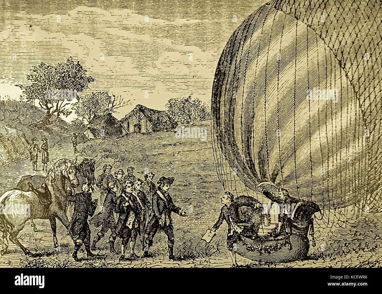 Crowds gathered, in the Champs de Mars, to watch the landing of the