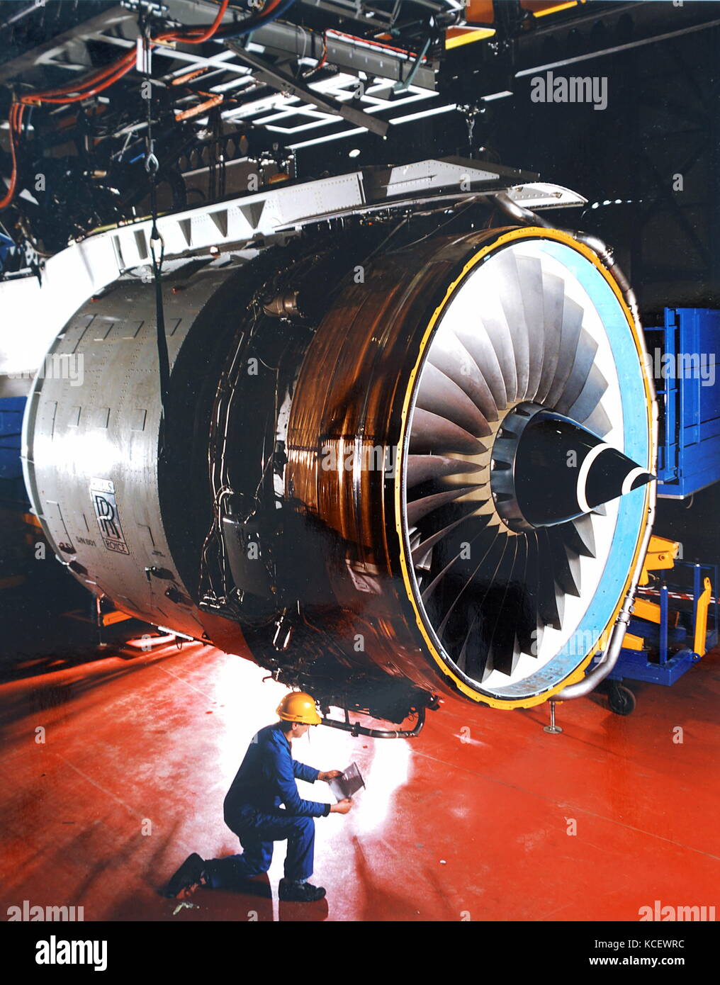 Photograph taken within the assembly plant at Boeing in Wichita. A Trent 800 development engine is mounted to its Boeing 777 strut before being flight cycle and endurance testing at Rolls-Royce. Dated 20th Century Stock Photo