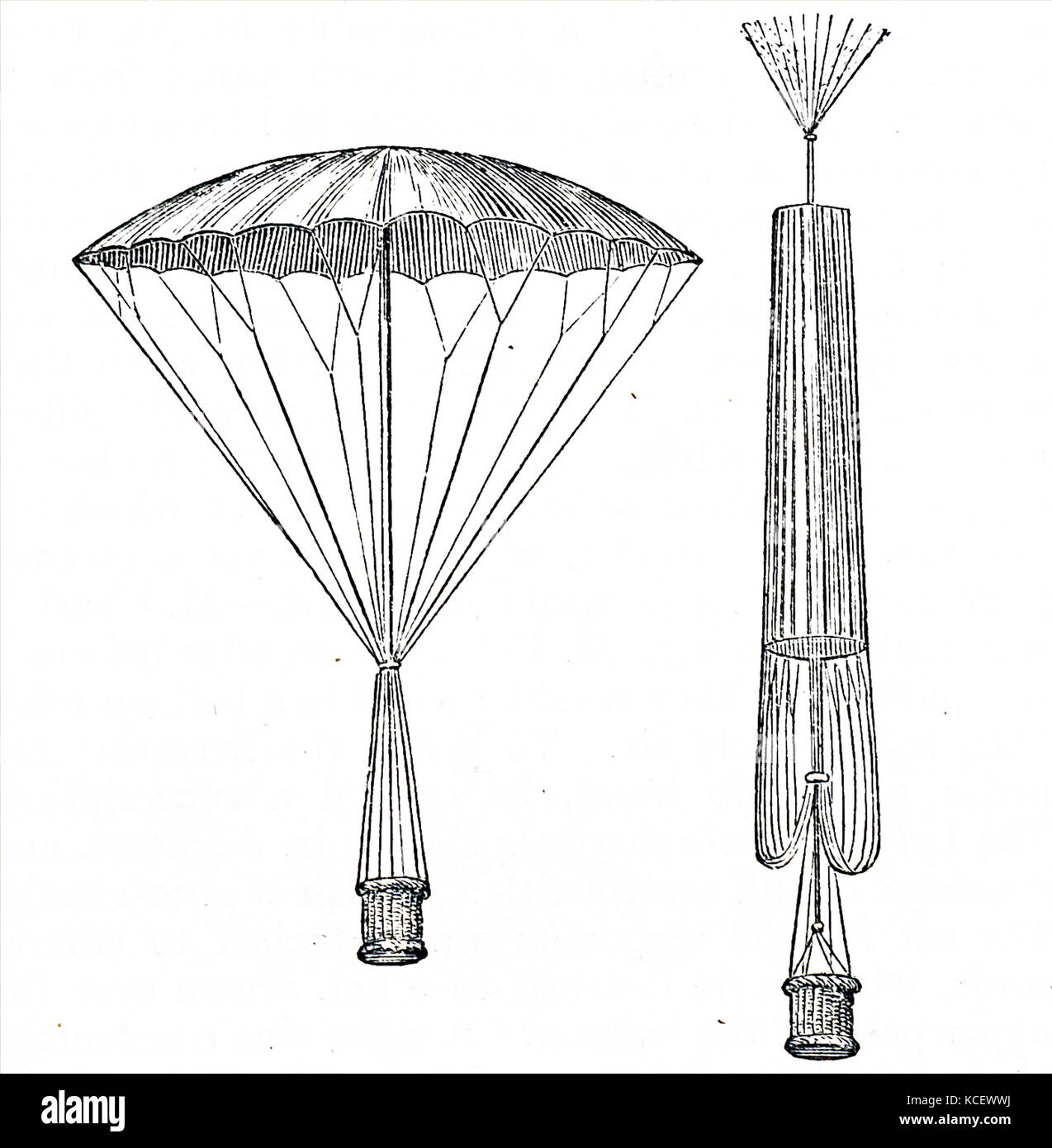 Engraving depicting André-Jacques Garnerin's parachute design. André-Jacques Garnerin (1769-1823) a French balloonist and inventor of the frameless parachute. Dated 19th Century Stock Photo