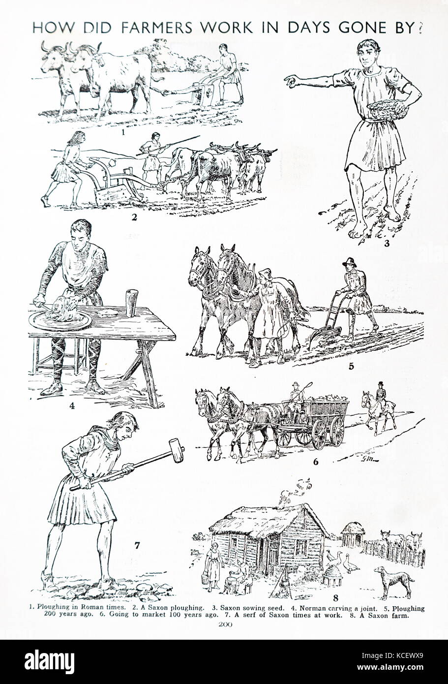 Illustration depicting farming in days gone by. 1. Ploughing in Roman times. 2. A Saxon ploughing. 3. Saxon sowing seed. 4. Norman carving a joint. 5. Ploughing 200 years ago. 6. Going to market 100 years ago. 7. A serf of Saxon times at work. 8. A Saxon farm. Dated 19th Century Stock Photo
