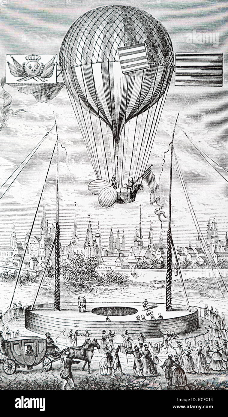 Engraving depicting Louis-Bernard Guyton de Morveau's ascent from Dijon. Louis-Bernard Guyton de Morveau (1737-1816) a French chemist and politician. Dated 18th Century Stock Photo