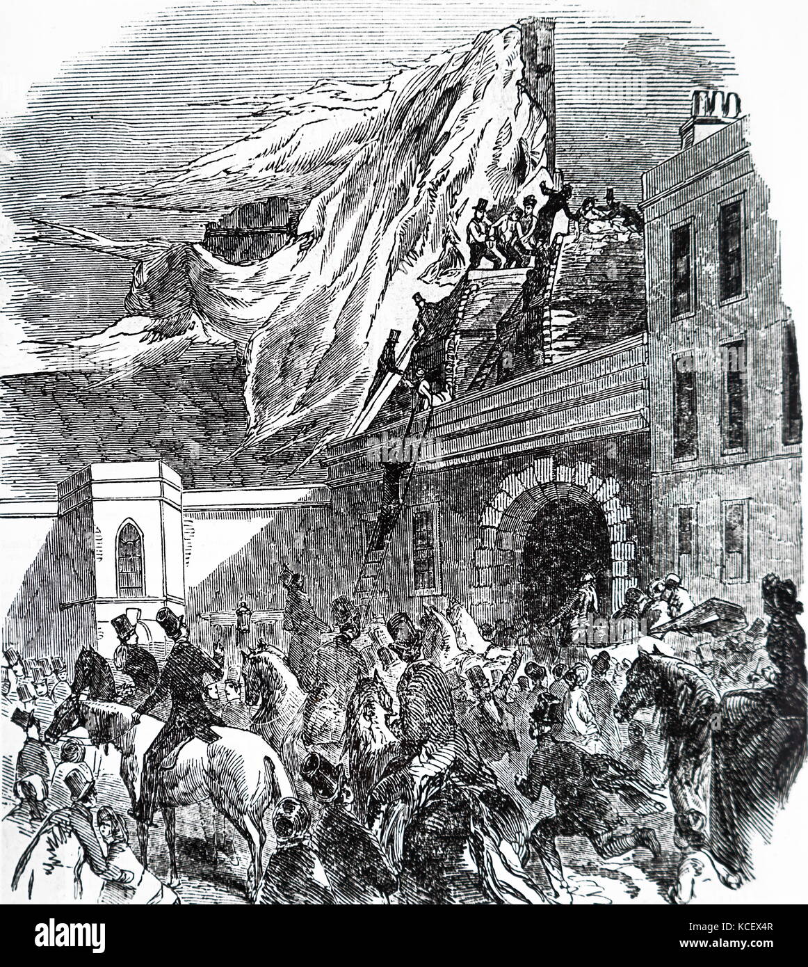 Engraving depicting the accidental crashing of Mrs Graham's balloon near Piccadilly. Dated 19th Century Stock Photo