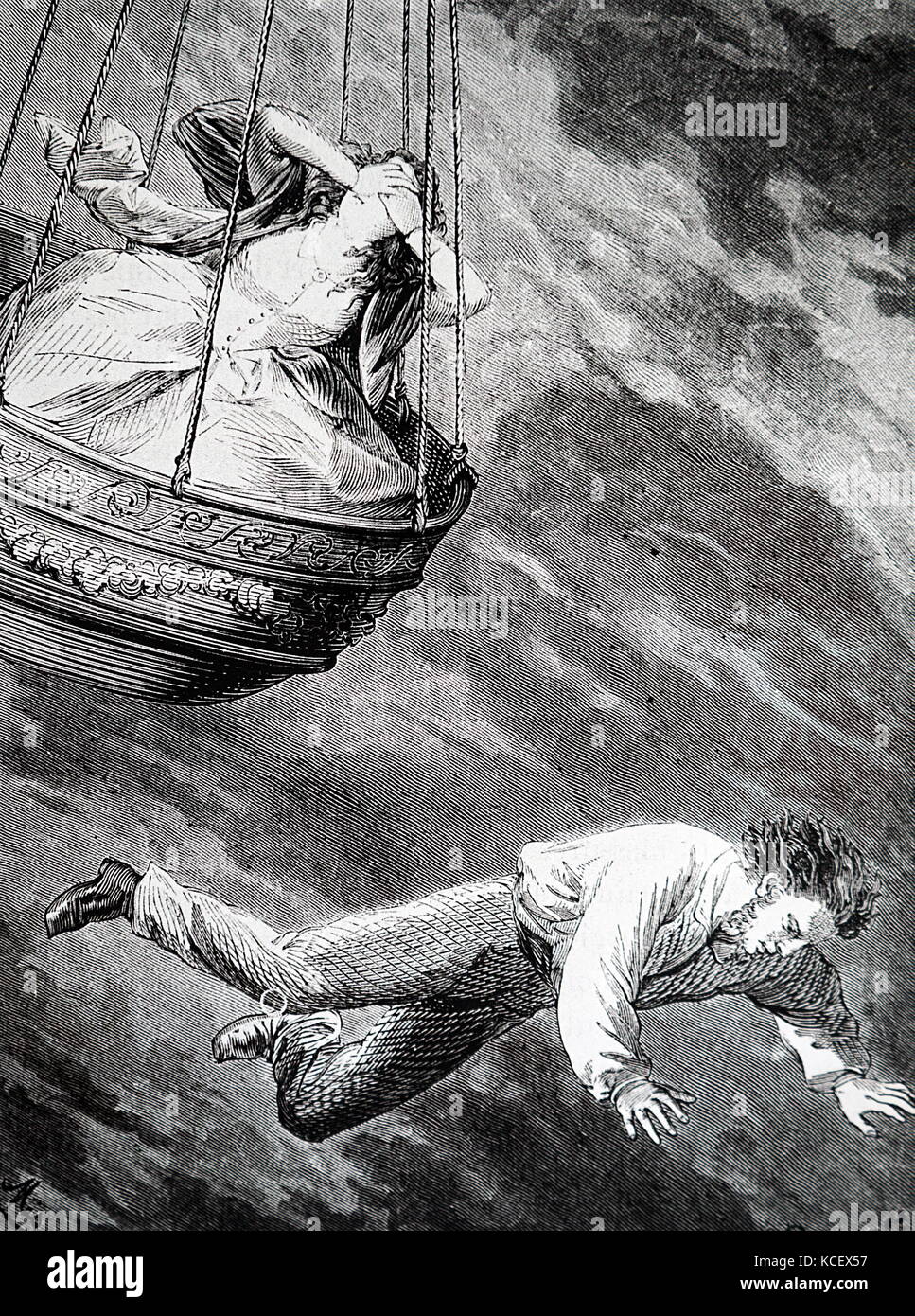 Engraving depicting a balloonist leaping to his death in order to save his love. Dated 19th Century Stock Photo
