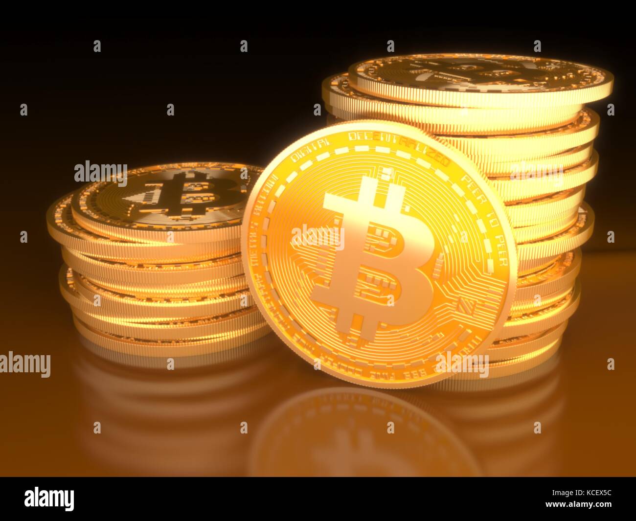 Tokens Stack stack of golden bitcoin tokens on black background with reflection ...
