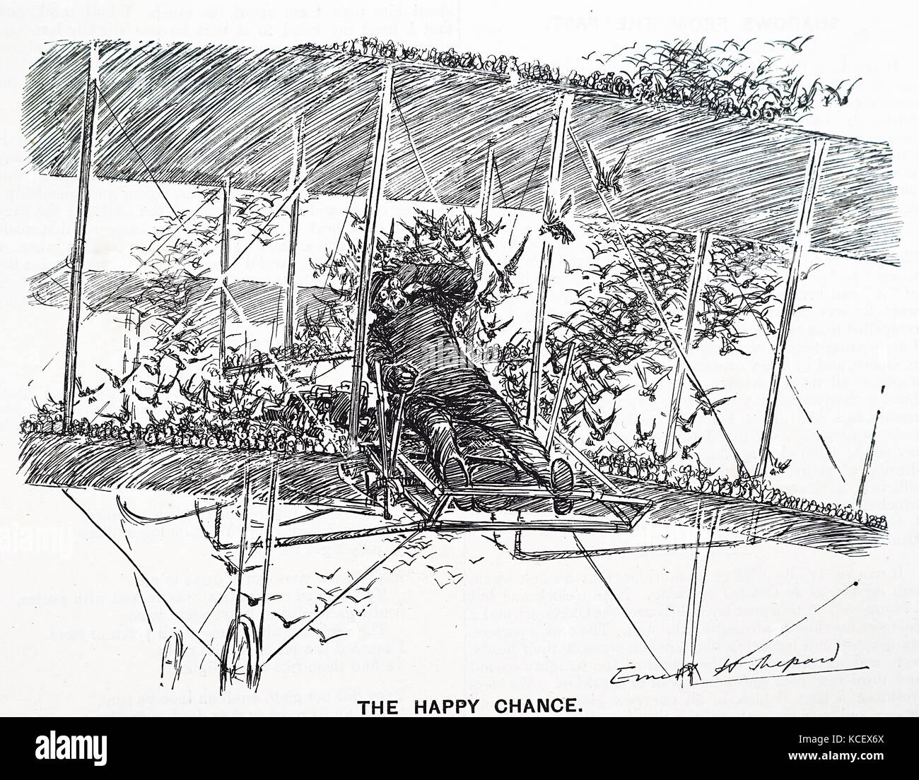 Cartoon depicting an early pilot under difficulties, by E. H. Shepard. Ernest Howard Shepard (1879-1976) an English artist and book illustrator. Dated 20th Century Stock Photo