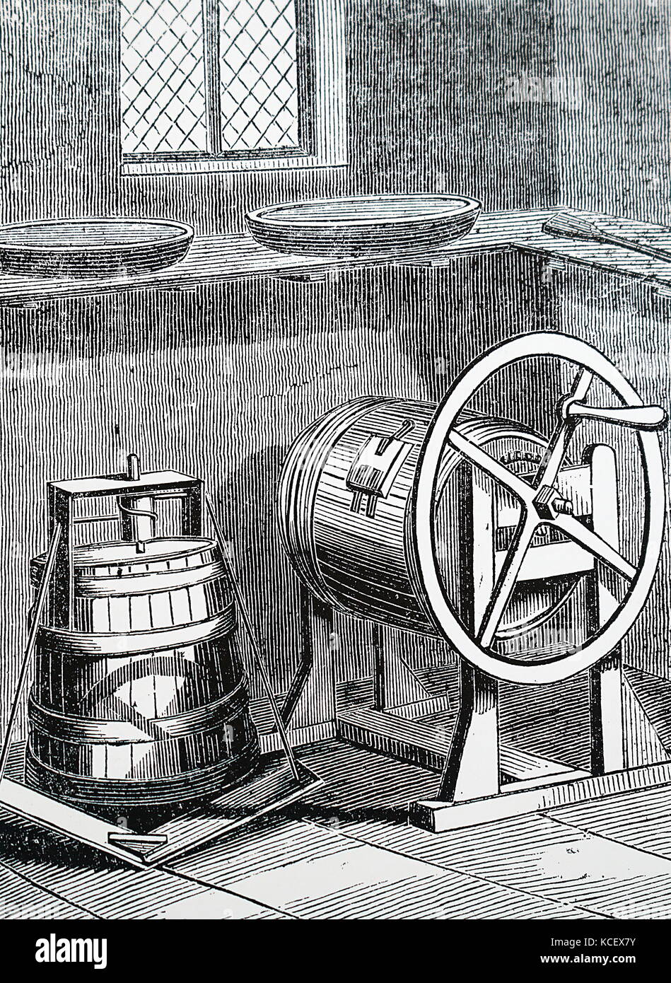 Engraving depicting a vertical treadle butter churn (left) and a barrel churn containing an axle with fan vanes turned by a crank handle. Dated 19th Century Stock Photo