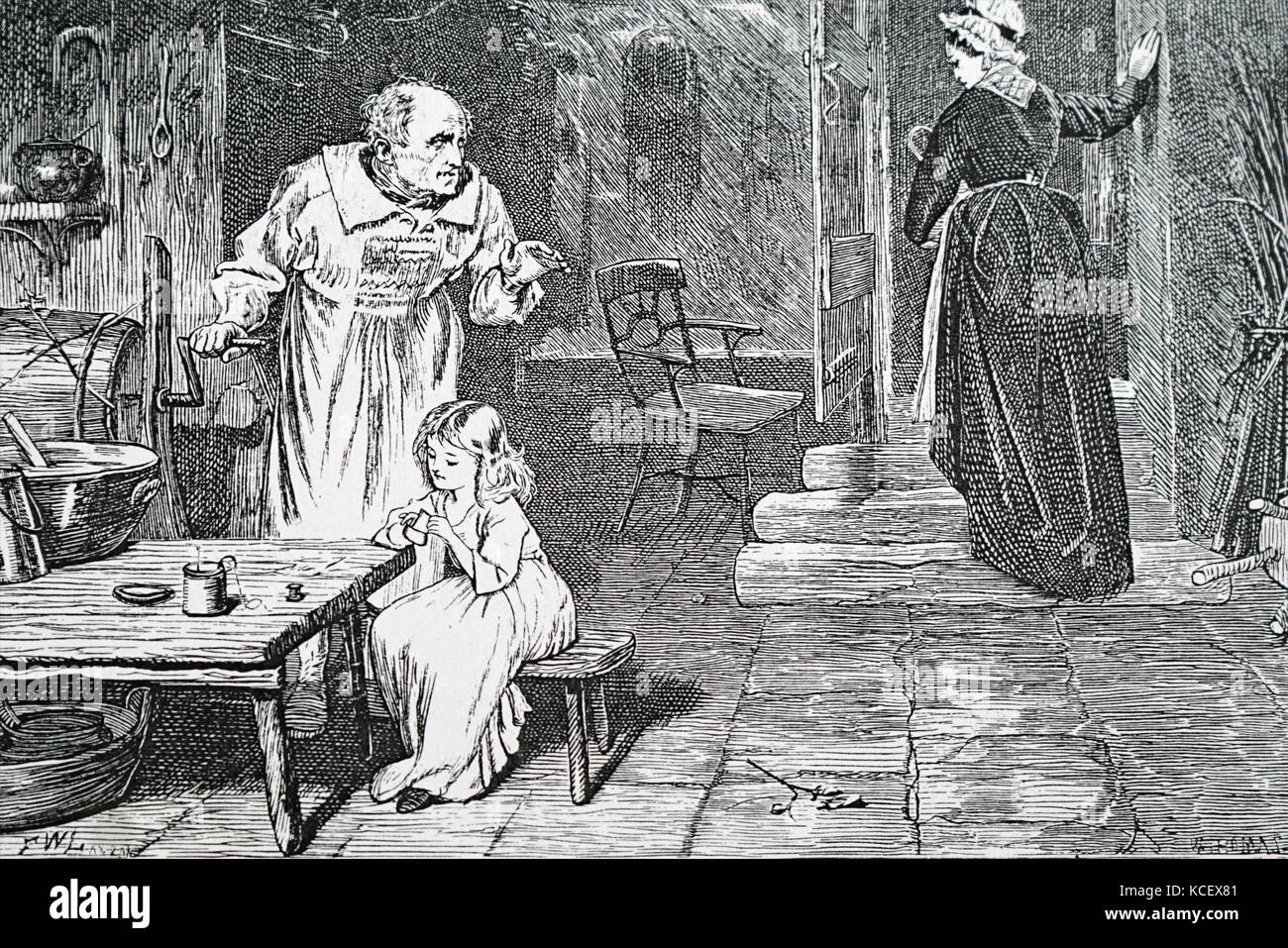 Engraving depicting an elderly man churning butter. Dated 19th Century Stock Photo