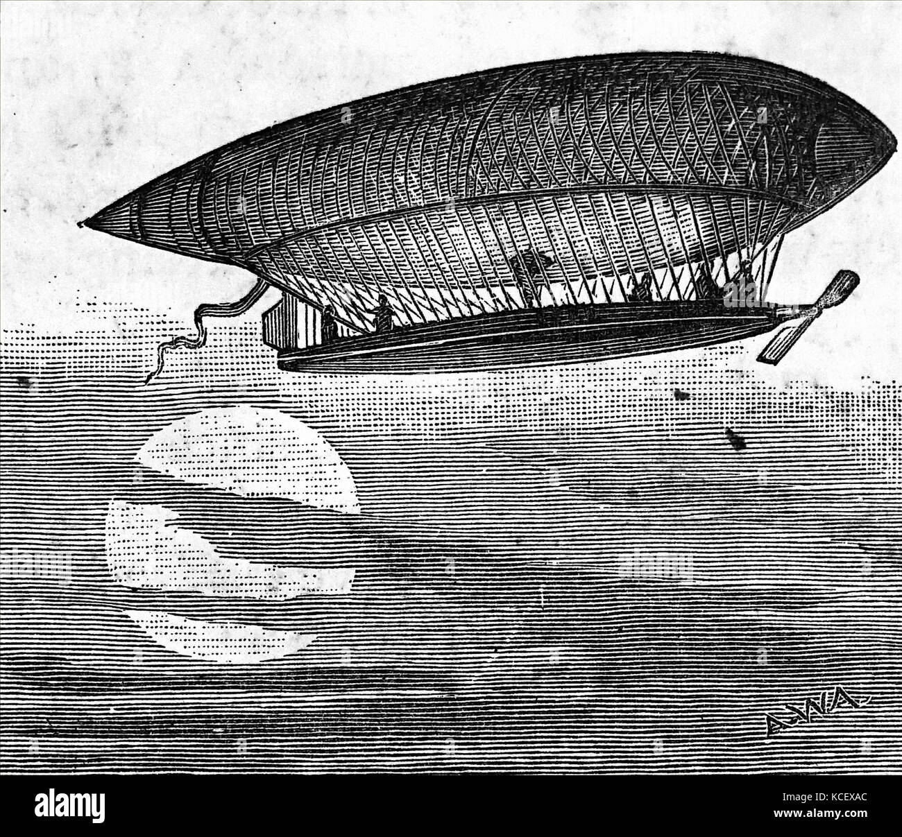 Engraving depicting Charles Renard and A. C. Krebs in the electric powered air-ship 'La France' flying between Calais to Meudon and Villacoublay, in 23 minutes 9th August 1884. Dated 19th Century Stock Photo