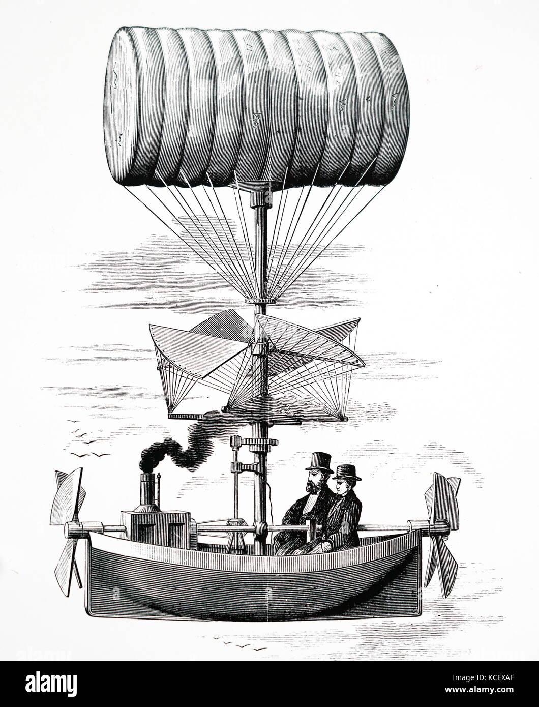Engraving depicting Henry Badgley's air-ship. A novel machine intended for aerial navigation, invented by Mr. Henry Badgley, of Fairfax Court House, Va. The boat carries a motor, and has at opposite ends propeller wheels for moving it either backward or forward. A portion of the shaft is flexible, so that the rear propeller wheel may be turned in a horizontal plane for the purpose of steering. Dated 19th Century Stock Photo