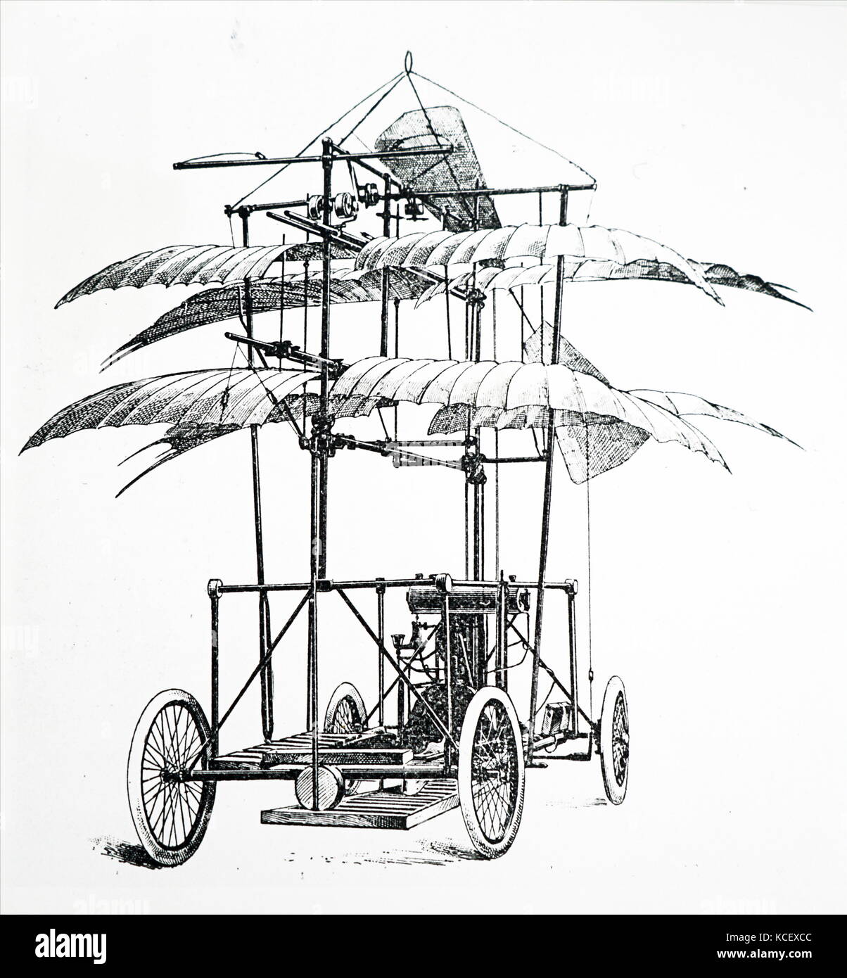 Engraving depicting a flying machine designed by Firmin Bousson. Dated