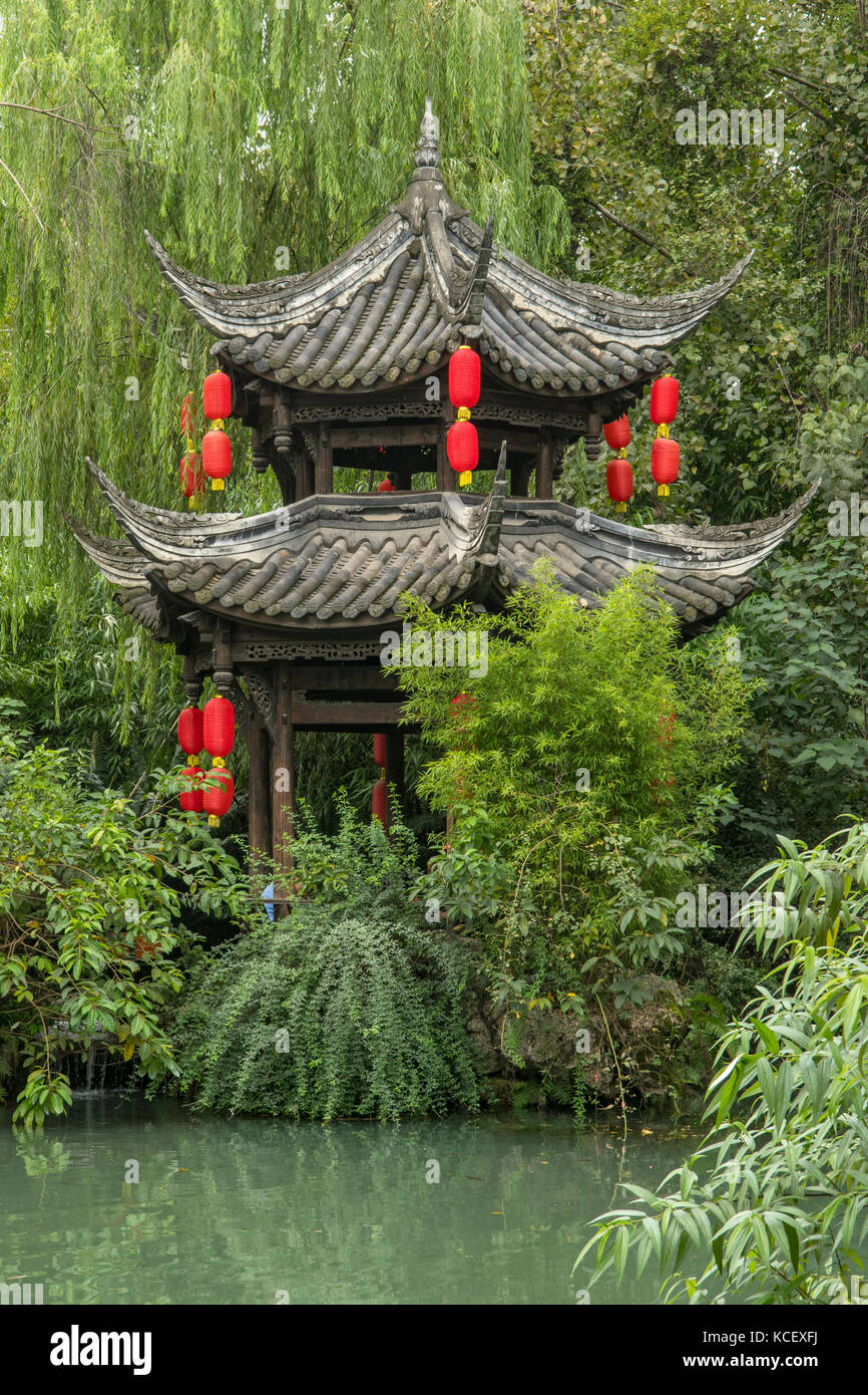 Pavilion on Pond on Jinli Street, Chengdu, Sichuan, China Stock Photo