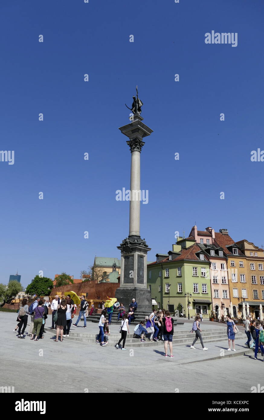 Photograph of Sigismund's Column (Kolumna Zygmunta), originally erected in 1644, is located in Castle Square, Warsaw, Poland and is one of Warsaw's most famous landmarks. The column and statue commemorate King Sigismund III Vasa, who in 1596 had moved Poland's capital from Kraków to Warsaw. Dated 21st Century Stock Photo