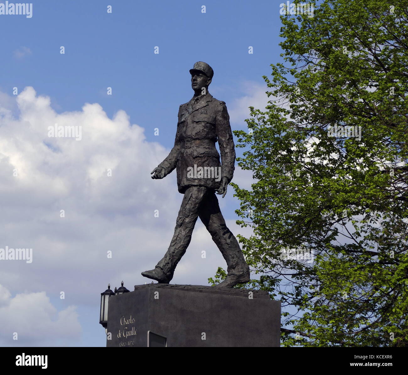 Photograph of a statue of the former President of France, Charles de Gaulle, is the subject of one of Warsaw’s more prominent monuments. Striding away from what was once the Communist party HQ, the monument is a gift from the French government. Dated 21st Century Stock Photo