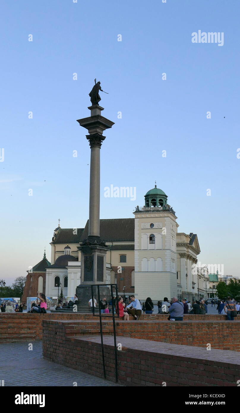 Photograph of Sigismund's Column (Kolumna Zygmunta), originally erected in 1644, is located in Castle Square, Warsaw, Poland and is one of Warsaw's most famous landmarks. The column and statue commemorate King Sigismund III Vasa, who in 1596 had moved Poland's capital from Kraków to Warsaw. Dated 21st Century Stock Photo