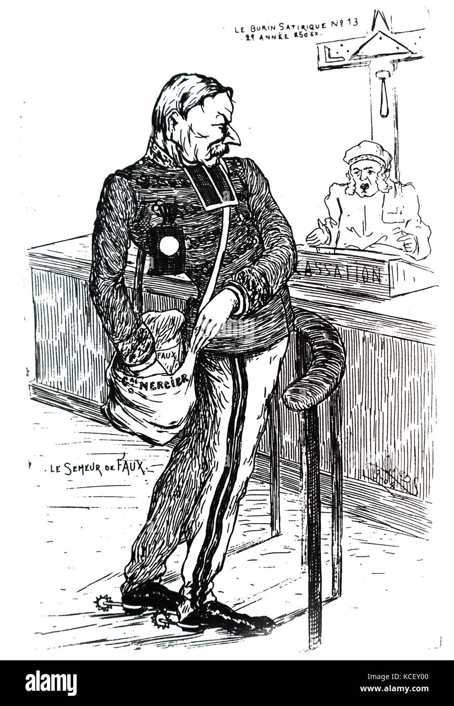 Cartoon depicting Auguste Mercier (1833 – 1921) . Mercier was a French general and Minister of War at the time of the Dreyfus Affair. In March 1904, before the Criminal Chamber of the Supreme Court, Mercier again accused Dreyfus. On the eve of the judgment without reference by the Supreme Court, he was unable to provide any 'irrefutable' evidence despite the pleas of the anti-Semitic press and the nationalists. Dated 20th Century Stock Photo