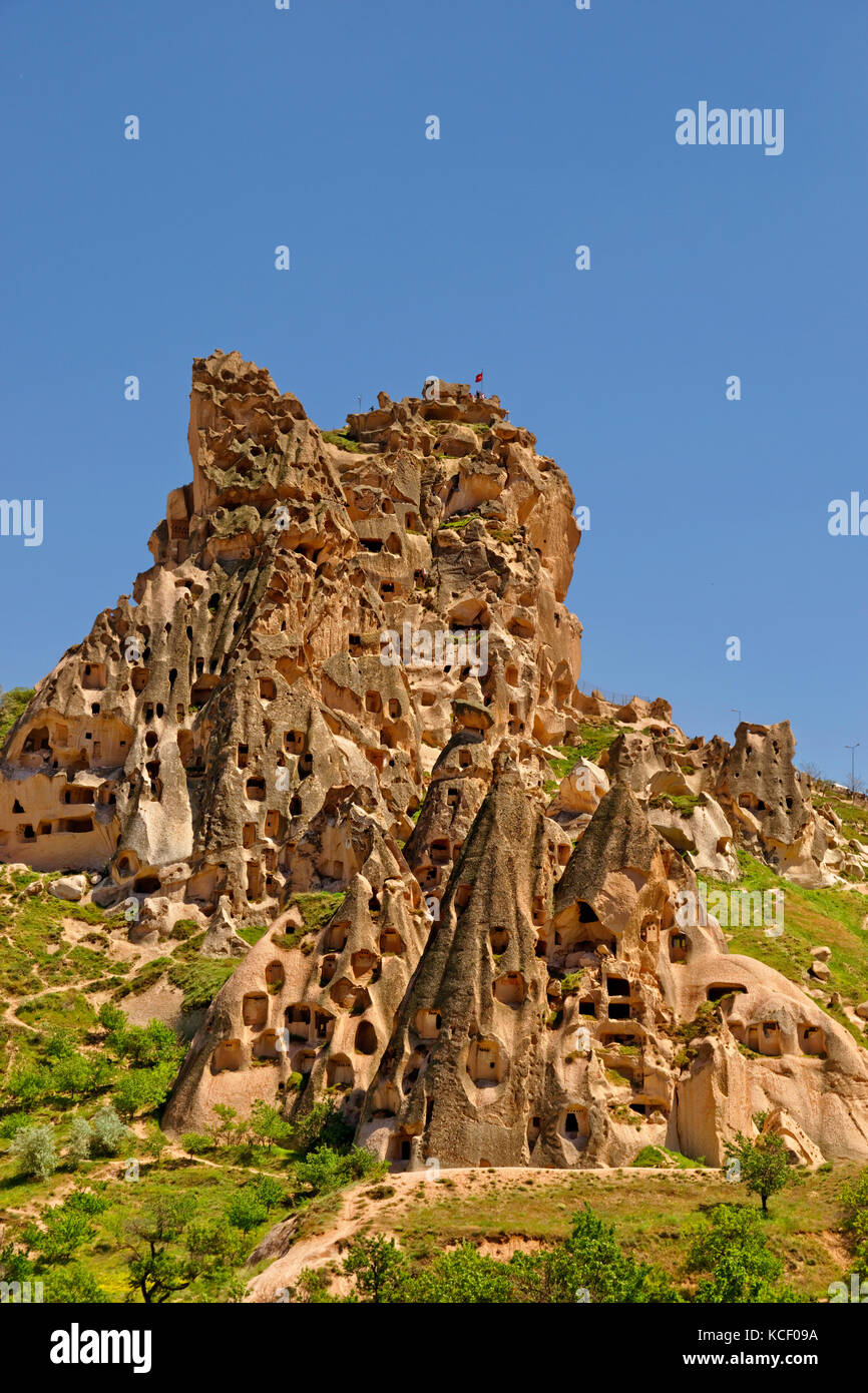 Cave dwellings known as Uchisar Castle at Uchisar in the Goreme National Park, Cappadocia, Turkey. Stock Photo