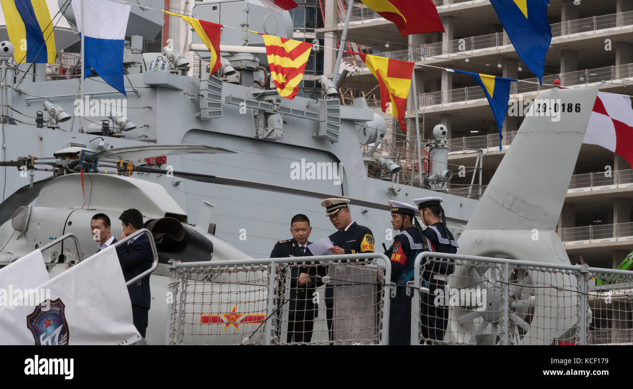 London, UK. 4th Oct, 2017. Chinese warships - Type 54A Frigates Huanggang and Yangzhou pay a good will visit to London. Credit: Ian Davidson/Alamy Live News Stock Photo