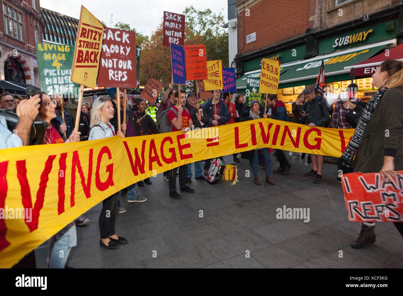 London, UK. 4th Oct, 2017. Striking Cineworld workers hold 'Living Wage' protest at BFI London Film Festival, Leicester Square, London UK. Credit: Steve Parkins/Alamy Live News Stock Photo