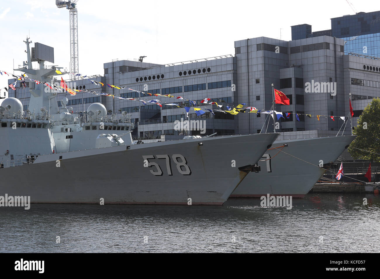London, UK. 5th Oct, 2017. China People's Liberation Army Navy Type 054A Frigates Huanggang & Yangzhou, West India Docks, London, UK. 05th Oct, 2017. Photo by Richard Goldschmidt Credit: Rich Gold/Alamy Live News Stock Photo