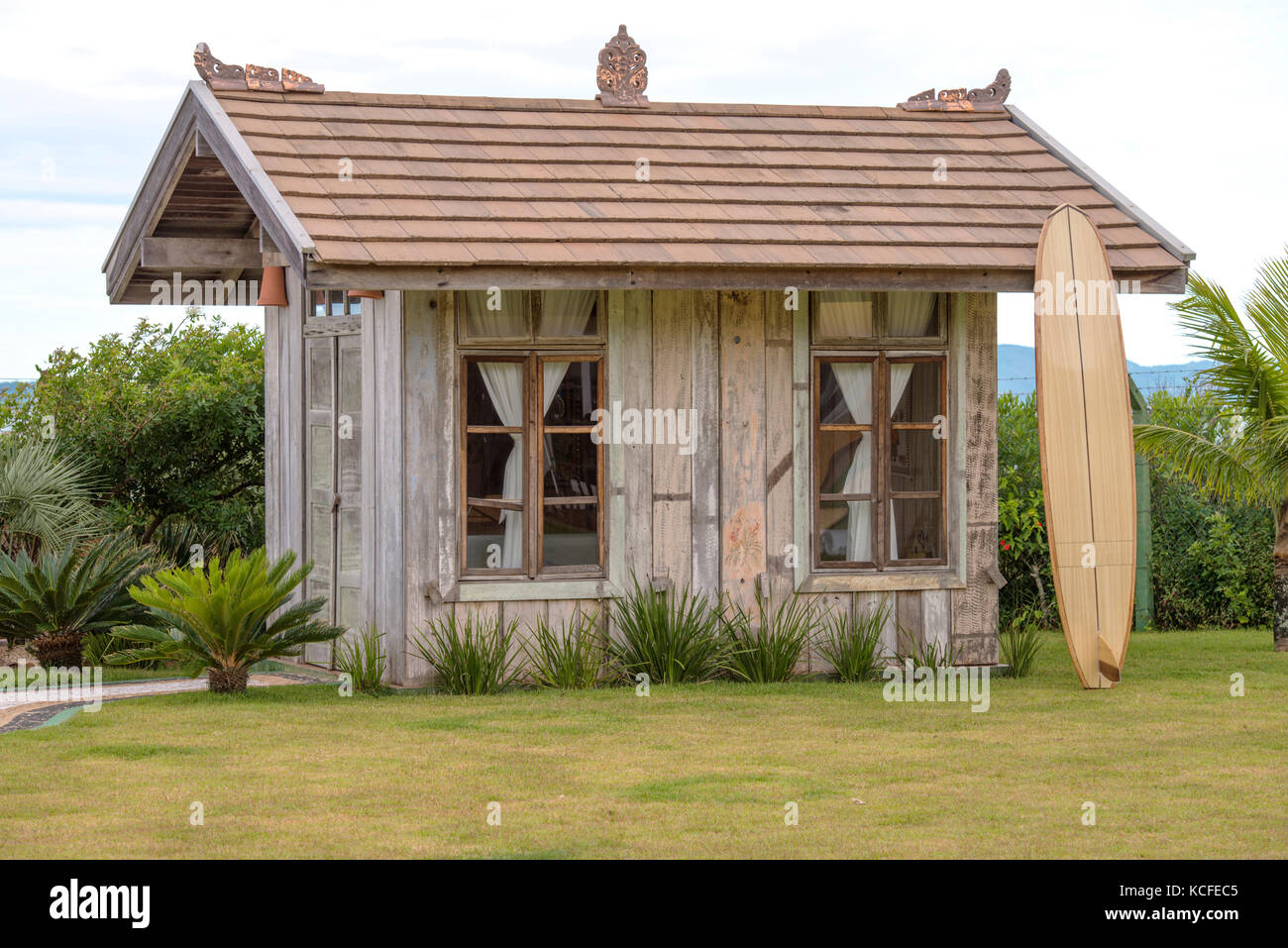 House, wood, Chalet; surfboard, Camboriu, Santa Catarina, Brazil Stock Photo