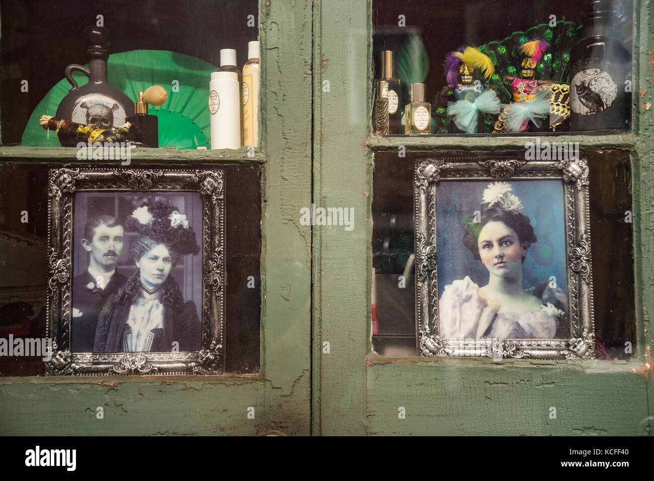 Halloween decorations on a shop window in New Orleans LA Stock Photo