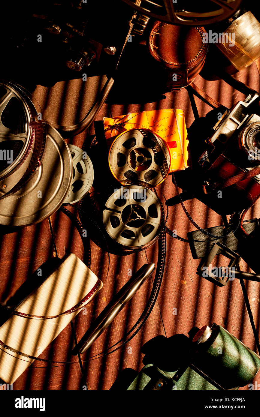 Old objects, movie tapes, scraps Stock Photo Alamy