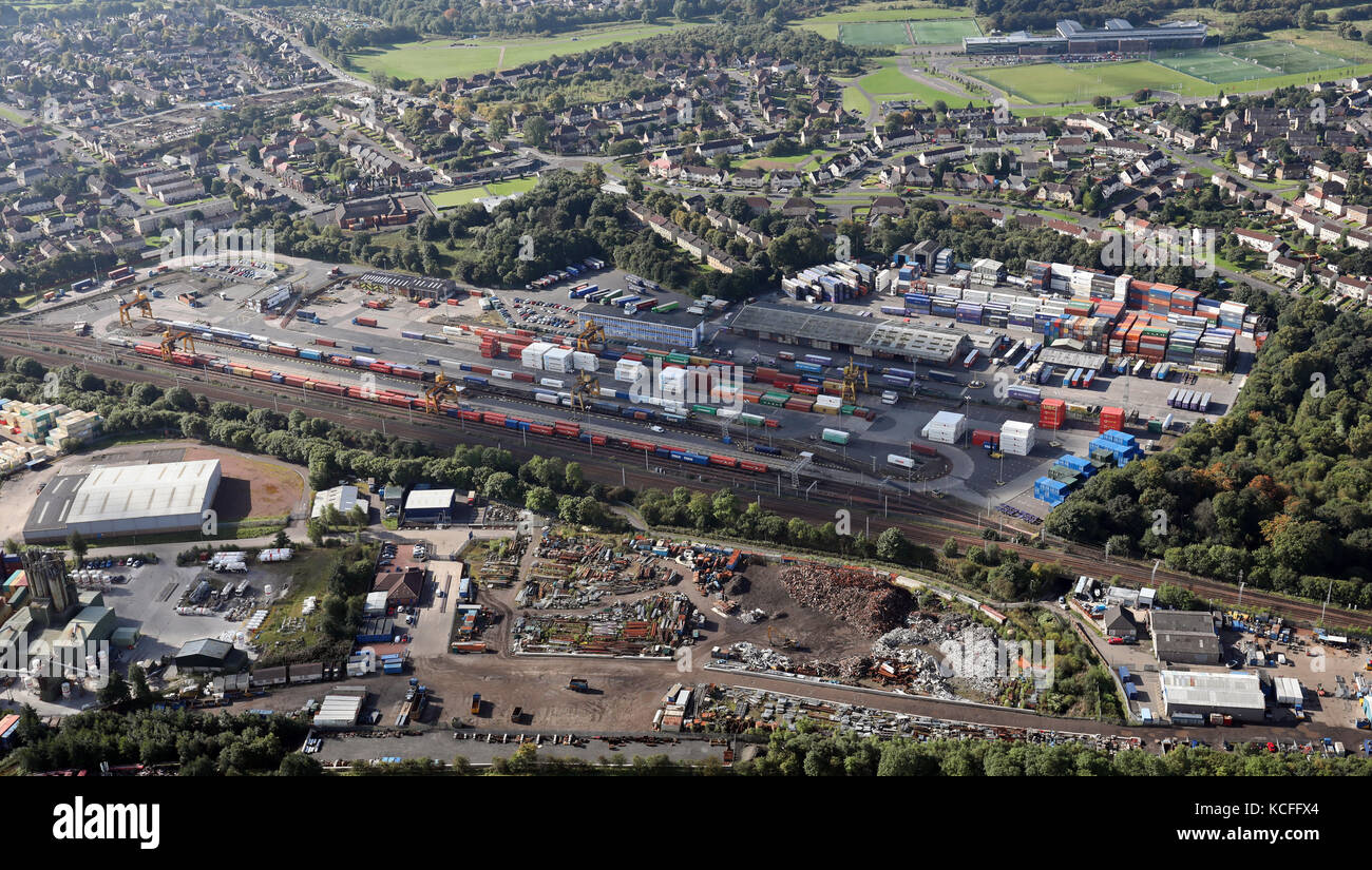 aerial view of Cargo Handling businesses at Gartsherrie Road, Coatbridge Scotland, UK Stock Photo