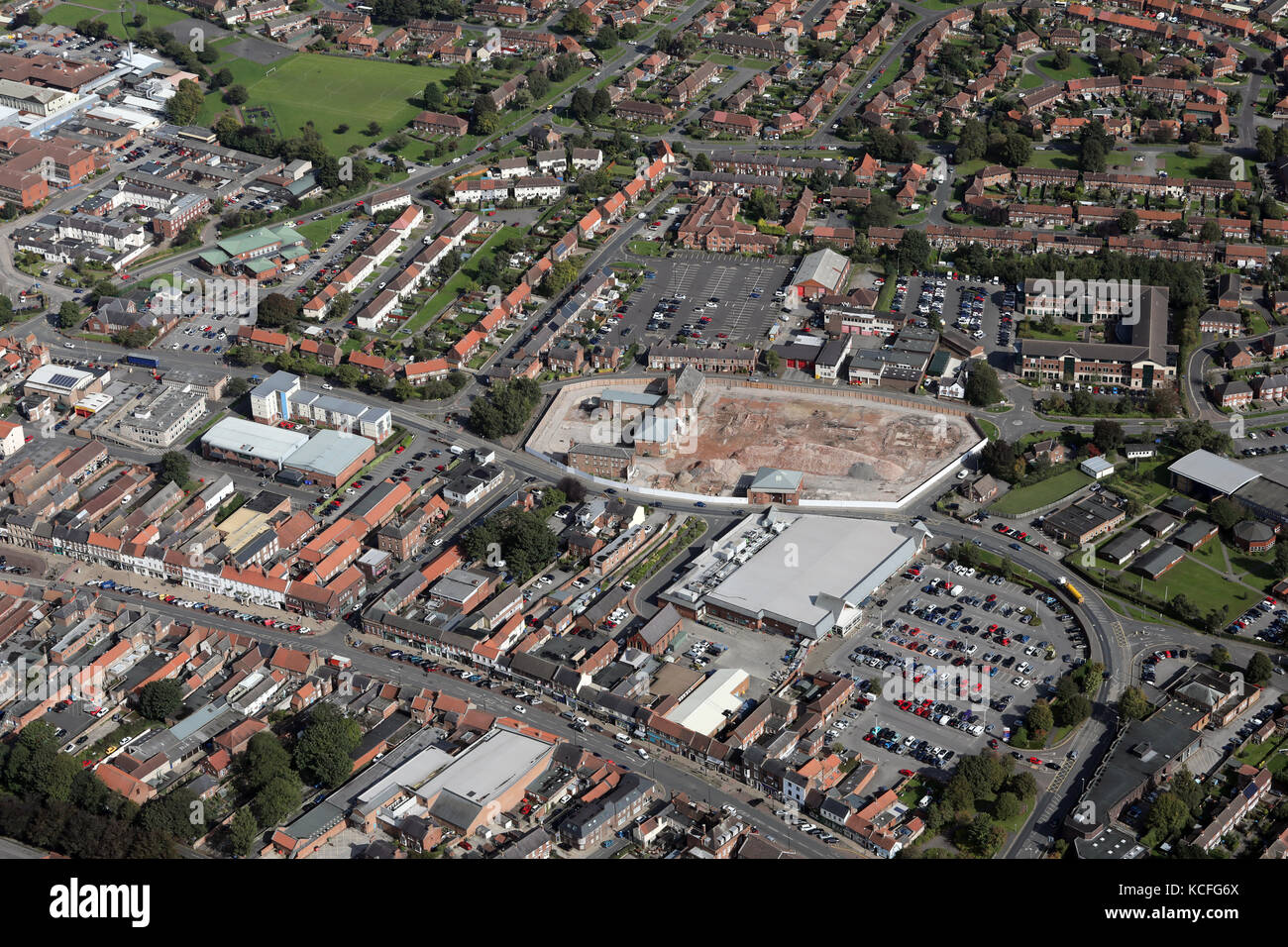 aerial view of Tesco superstore and Northallerton Prison in the town centre, North Yorkshire, UK Stock Photo