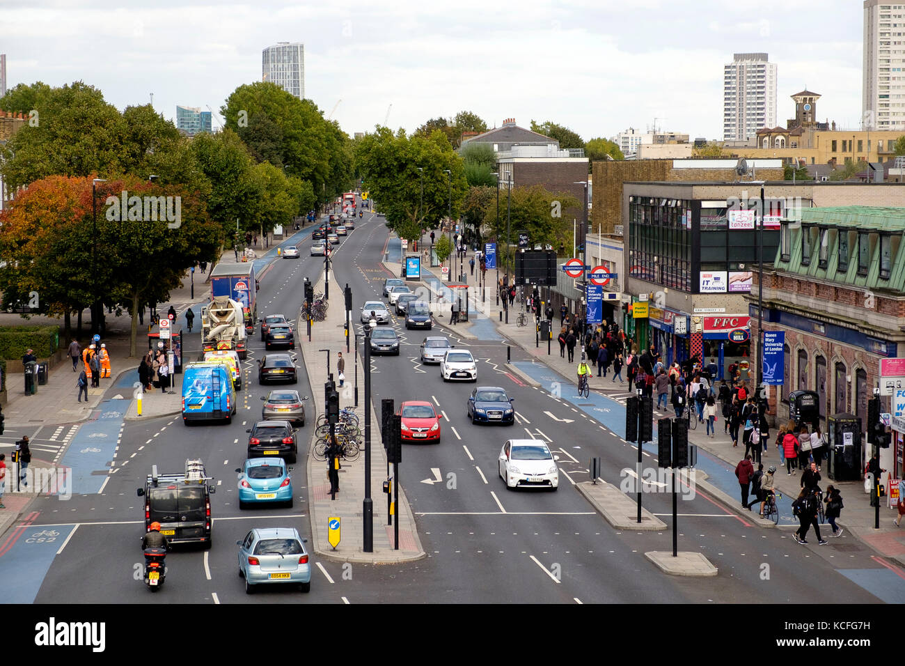 The A11 Mile End Road, at Mile End Tube Station, London as viewed from the Green Bridge Stock Photo