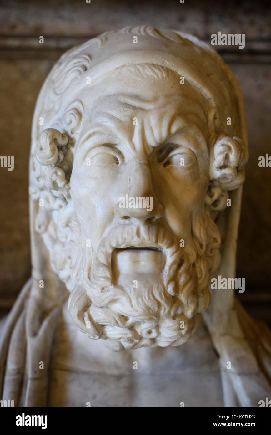 Rome. Italy. Portrait bust of Homer in the Hall of the Philosophers, marble copy of 2nd C BC Greek original, Capitoline Museums. Musei Capitolini.  Ma Stock Photo