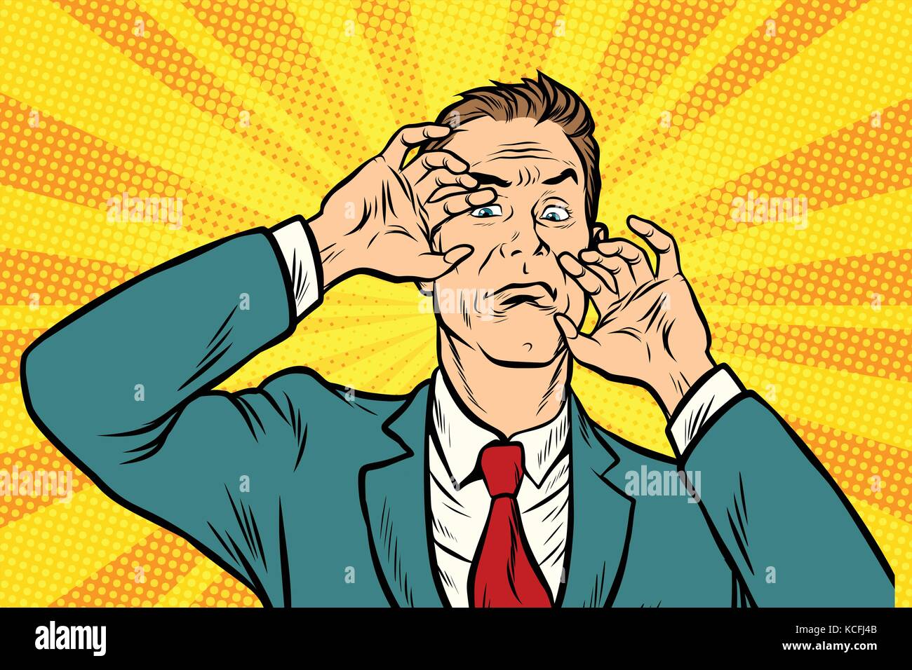 Scared man with a gesture protects your face Stock Vector