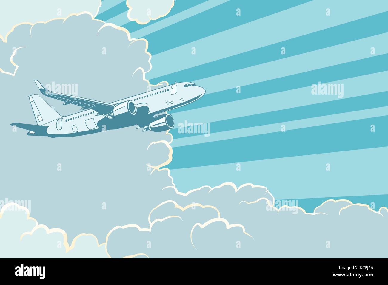 Retro airplane flying in the clouds. Air travel background Stock Vector