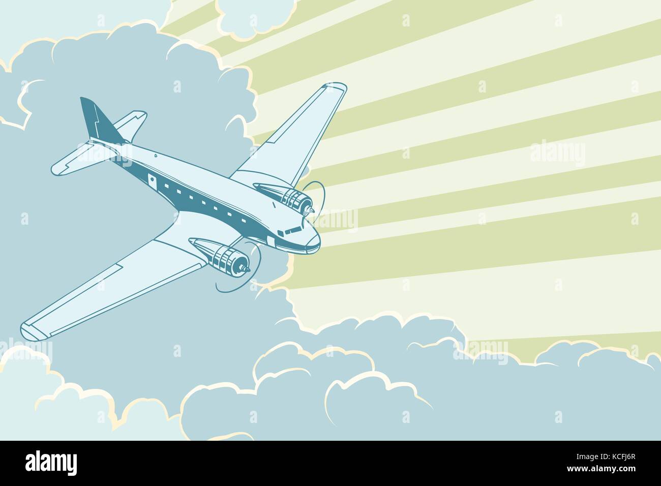 Retro airplane flying in the clouds. Air travel background Stock Vector