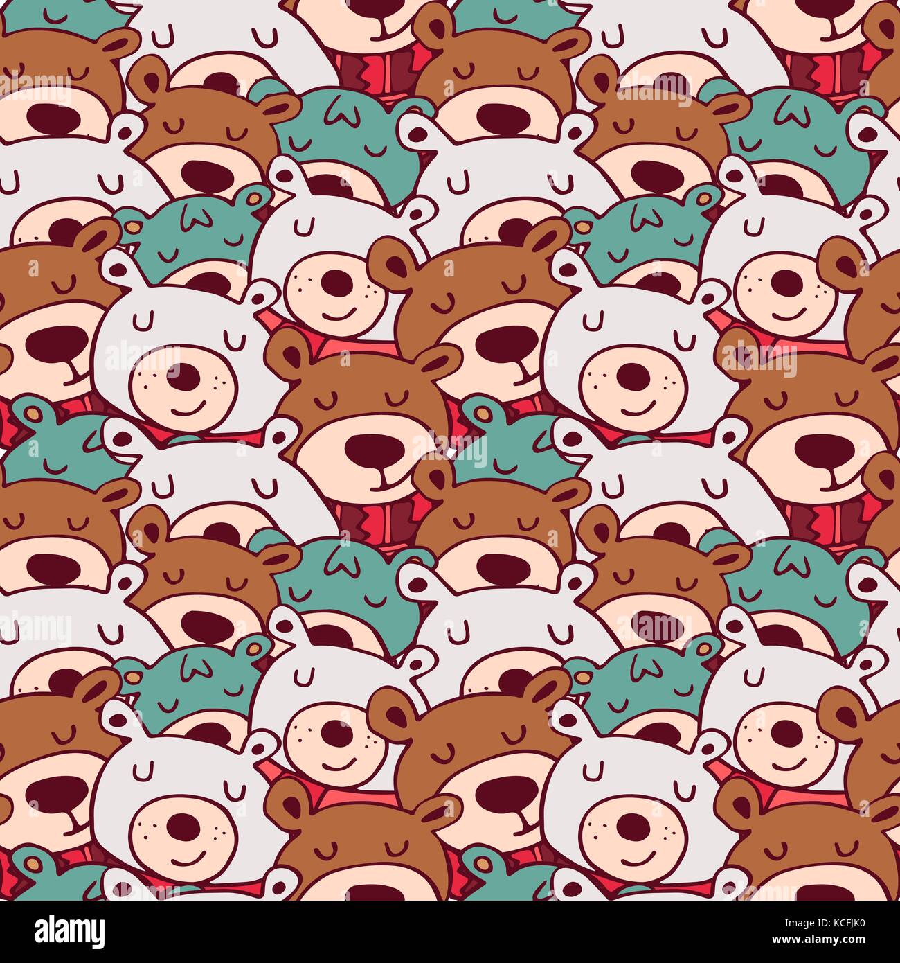 Cute christmas hand drawn animal seamless pattern, funny winter bears with scarf. EPS10 vector. Stock Vector