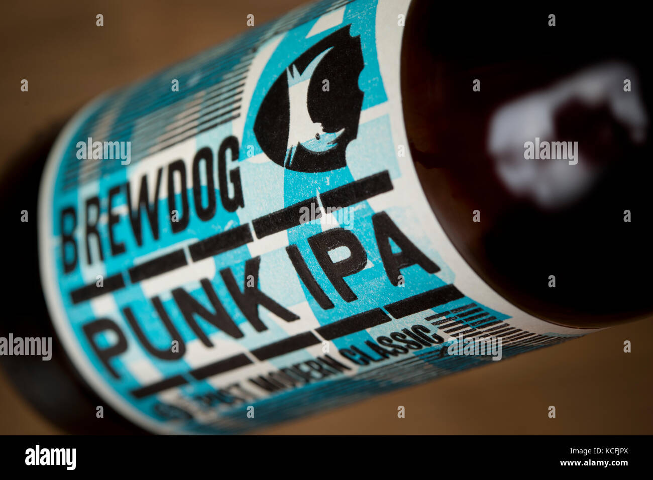 A close up of a bottle of Punk IPA brewed by the Scottish based brewery BrewDog (Editorial use only). Stock Photo