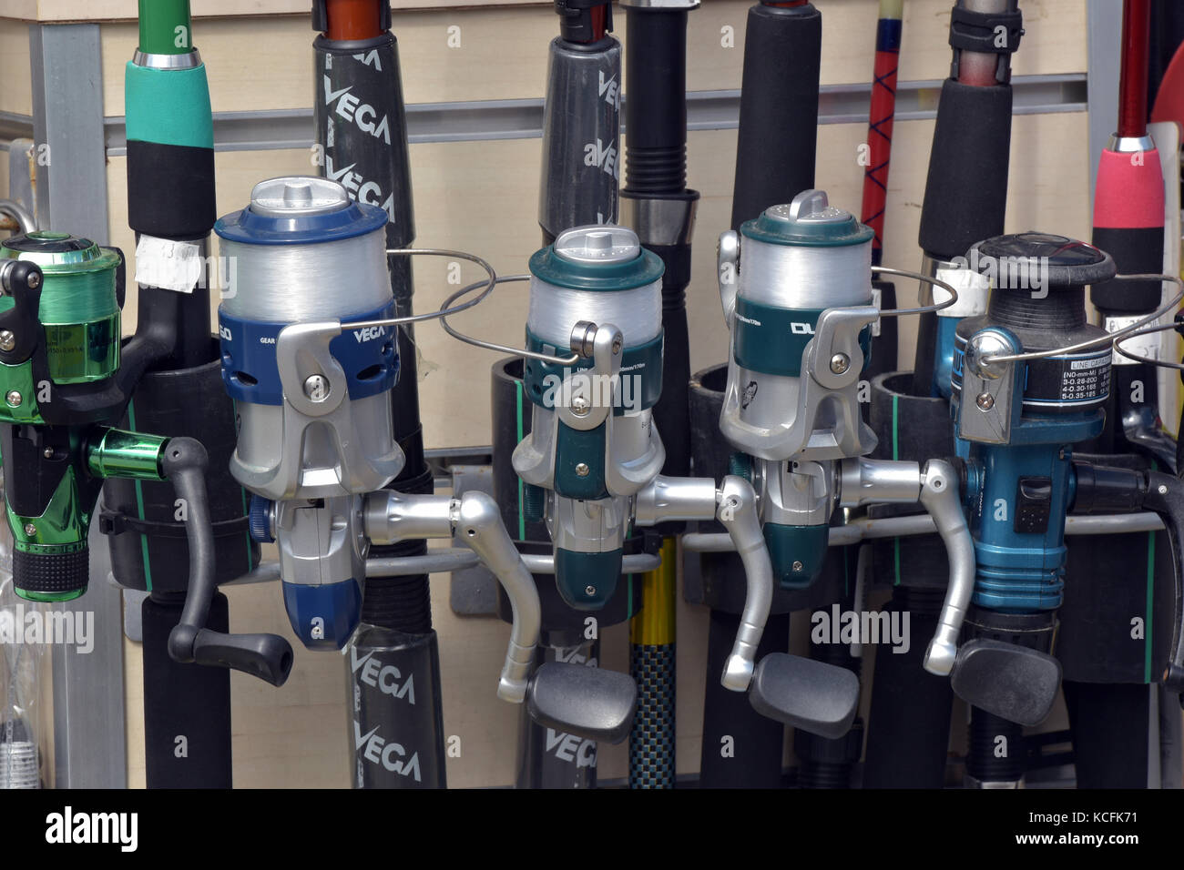 a row of fishing rods with reels attached. fixed spool fishing reels