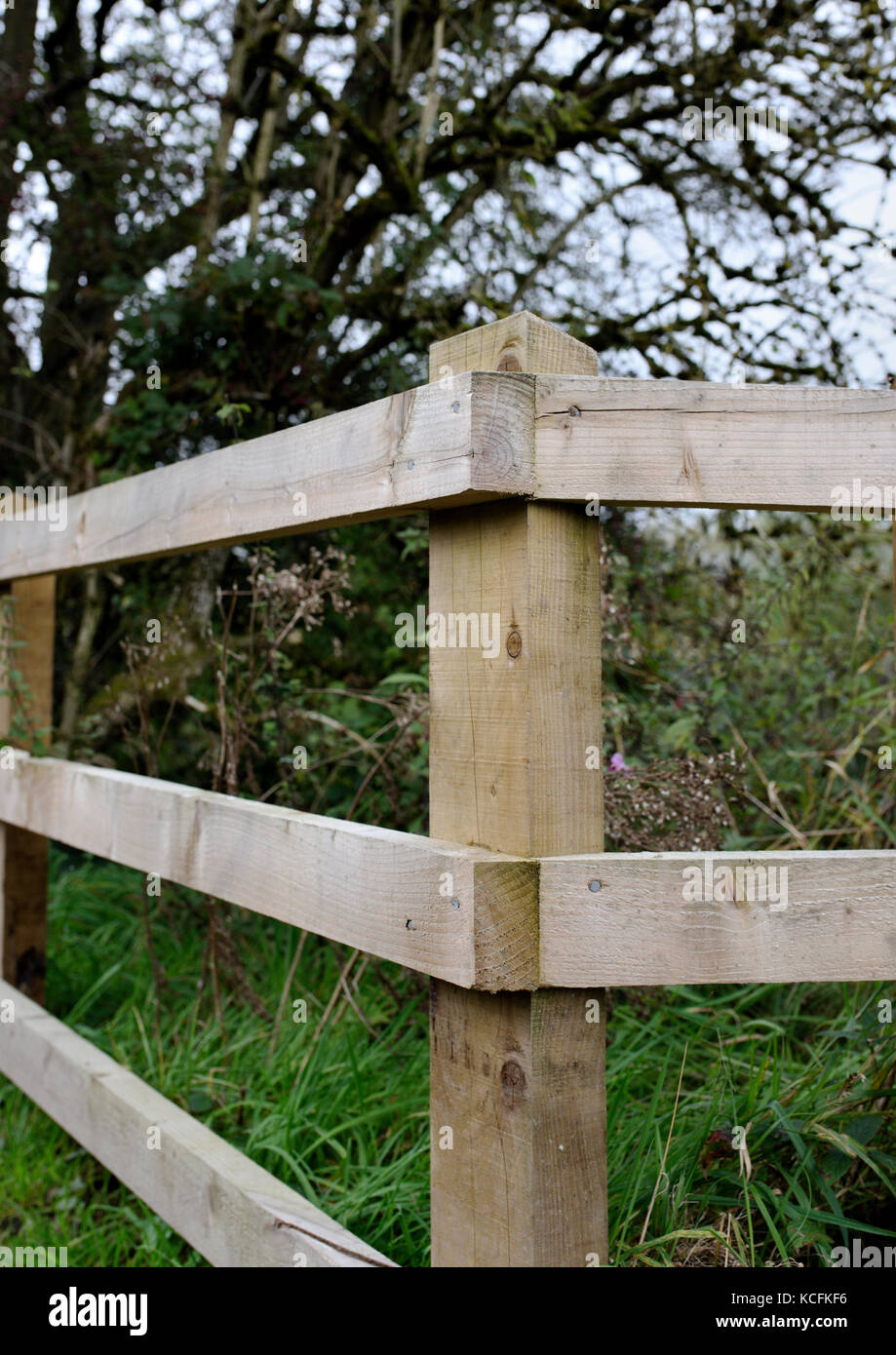Timber fencing in burrs country park bury lancashire uk Stock Photo