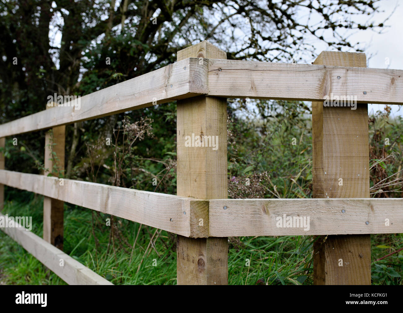 Timber fencing in burrs country park bury lancashire uk Stock Photo