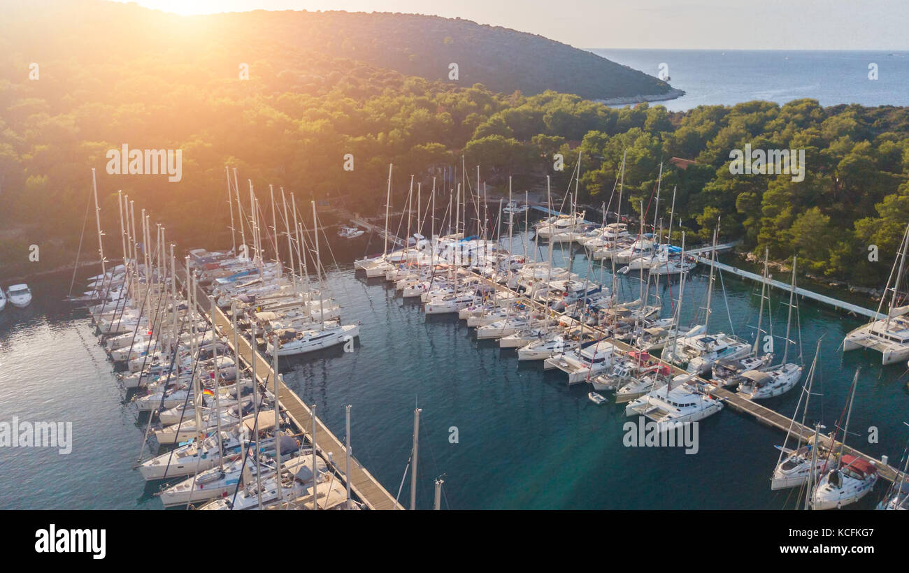 Sailing boats in medierranean marina, Palmizana, Croatia. Aerial view of sunset Stock Photo