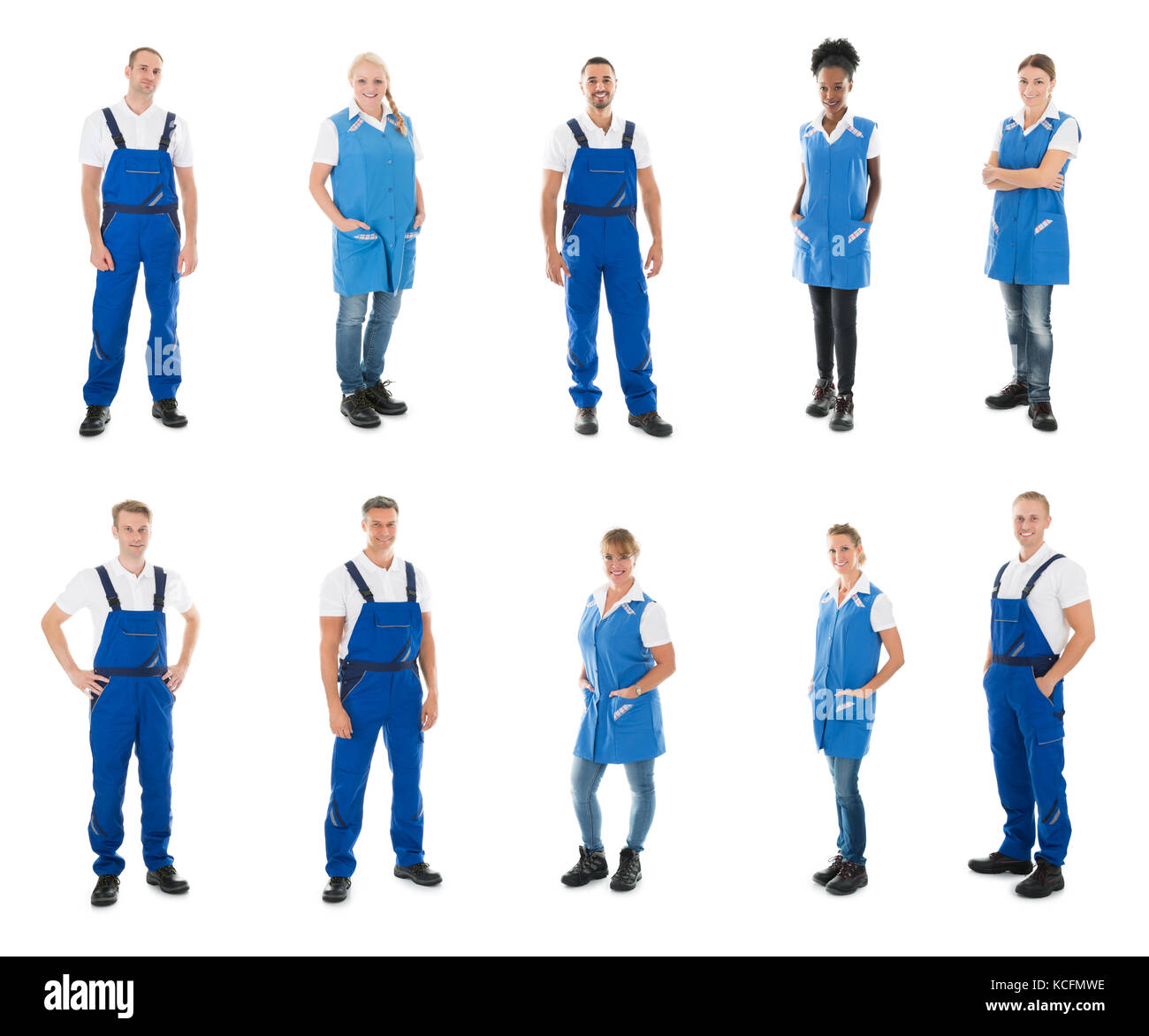 Set Of Happy Janitors Standing Against White Background Stock Photo Alamy