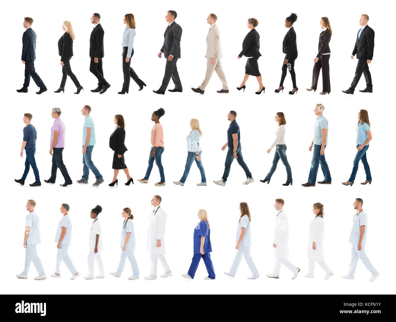 Collage Of People From Different Occupations Walking In Line Against White Background Stock Photo