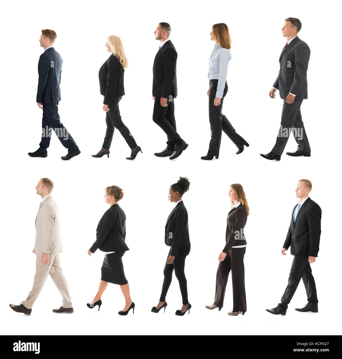 Collage Of Businesspeople Walking In Line Against White Background Stock Photo