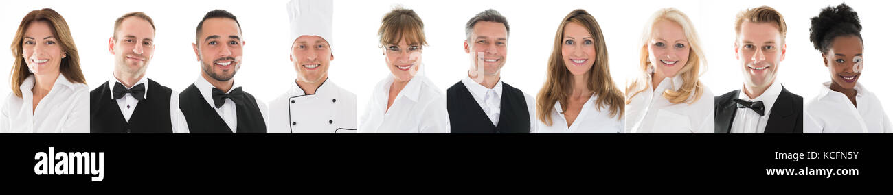 Collage Of Smiling Restaurant Staff Against White Background Stock Photo
