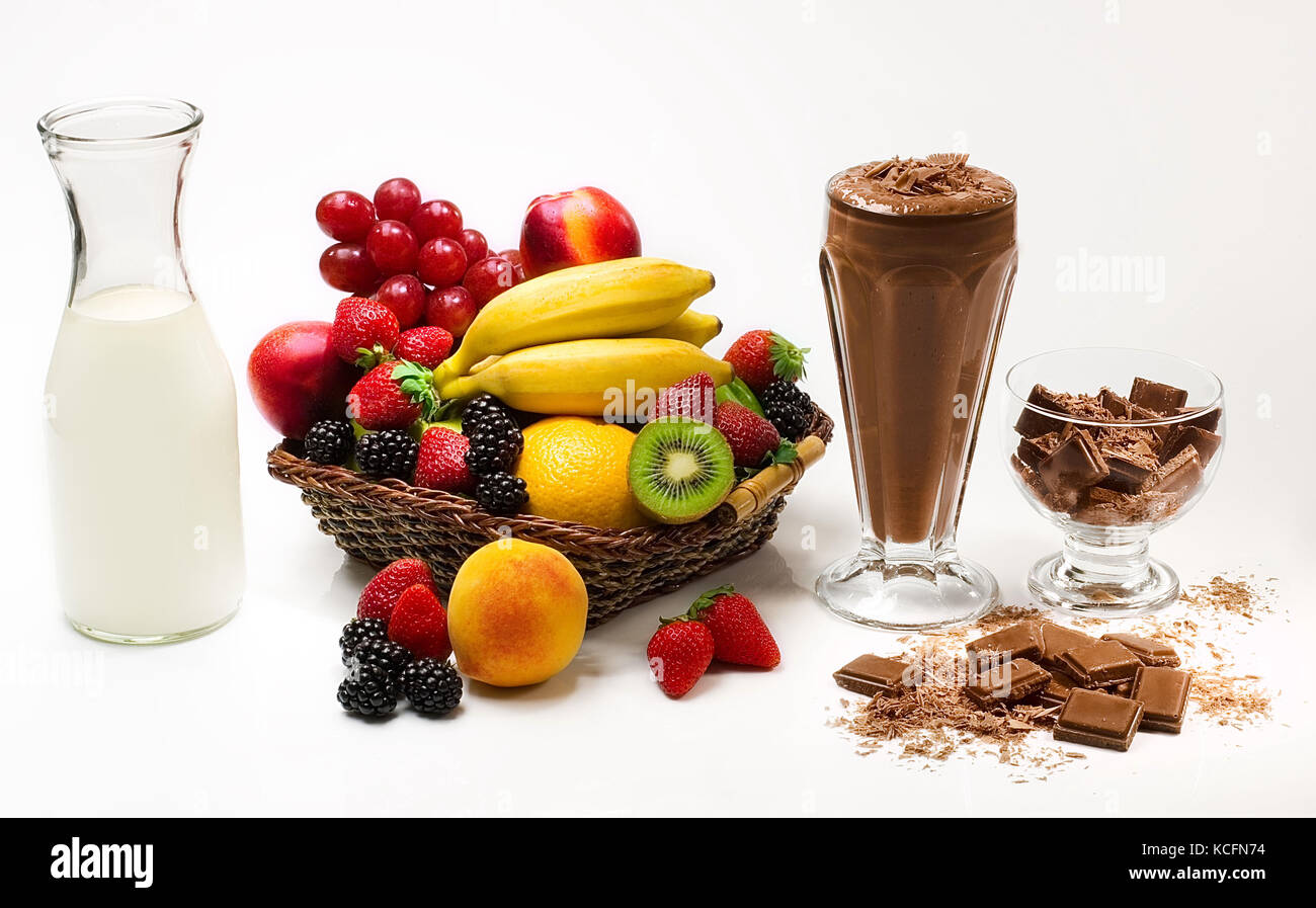 Food, fruit, milk, chocolate, white background Stock Photo