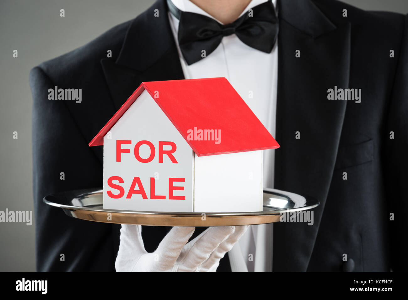 Close-up Of Waiter Holding Plate With House Model For Sale Stock Photo